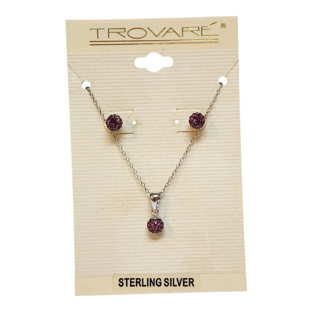 Trovare Earrings & Necklace Set Purple Pave Gems Circle Studs & Pendant Charm
